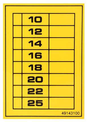 The AGCO | DECAL - D49143100 by AGCO features a yellow sticker sheet with numbers 10, 12, 14, 16, 18, 20, 22, and 25 in black text arranged in a vertical list. Currently, no product description information is available for this item.