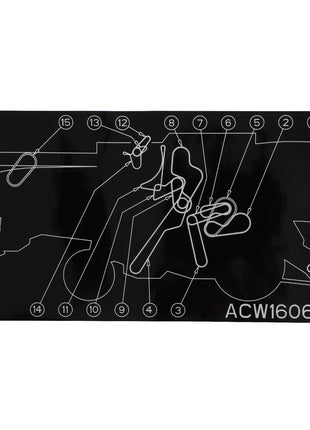 A black diagram with white lines and numbers ranging from 1 to 15, depicting a mechanical assembly with the code "ACW1606960" at the bottom right, identified as the AGCO Decal, Right Hand - ACW1606960. No current product description information is available.