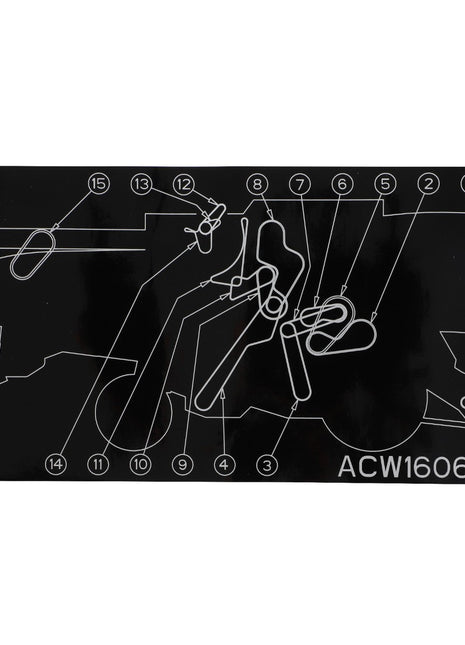 A black diagram with white lines and numbers ranging from 1 to 15, depicting a mechanical assembly with the code "ACW1606960" at the bottom right, identified as the AGCO Decal, Right Hand - ACW1606960. No current product description information is available.