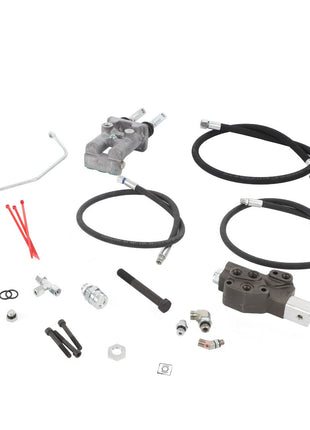 Components of the AGCO Hydraulic Conversion Kit (Accessory Code - Acw0694360), including hoses, fittings, bolts, nuts, O-rings, and various hardware pieces arranged on a white background. Product description information is currently unavailable.