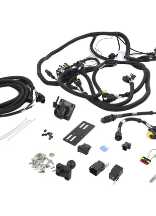 A collection of automotive wiring harnesses, connectors, and mounting hardware components is arranged on a white background—featuring the AGCO Terminal Kit - Acw196270A by AGCO.