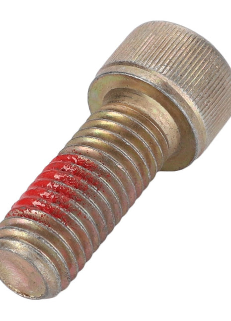 A metal hex socket screw with a knurled head, coated with a red thread-locking compound on the threads, measuring 40mm in length. This is the AGCO Hex Socket Screw - D40698400 by AGCO.
