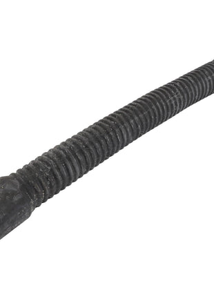 The AGCO HOSE - D46448700 is a ribbed black rubber hose featuring a blue label near one end, designed for the transport of fluids or gases. Currently, there is no additional product description information available.