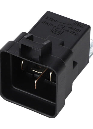 The AGCO | Relay - AG515756 is a black rectangular electrical relay featuring a schematic diagram on top and metal contact pins protruding from one side. This high-quality component ensures optimal integration within your electrical parts system. Trust AGCO for reliable performance every time.