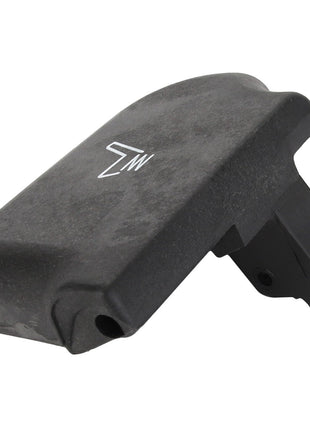 The AGCO | KNOB - AG137821 is a black plastic component characterized by its flat, angled top and an intricate base with a hole, marked with a white arrow.