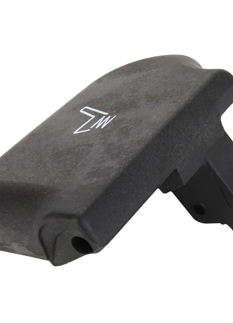 The AGCO | KNOB - AG137821 is a black plastic component characterized by its flat, angled top and an intricate base with a hole, marked with a white arrow.