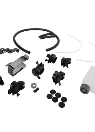 Product Description: The AGCO | Oil Collector - Acp0647880, a set of black and white mechanical components including hoses, clips, a plastic container, and various connectors, is neatly organized against a white background.
