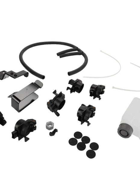 Product Description: The AGCO | Oil Collector - Acp0647880, a set of black and white mechanical components including hoses, clips, a plastic container, and various connectors, is neatly organized against a white background.