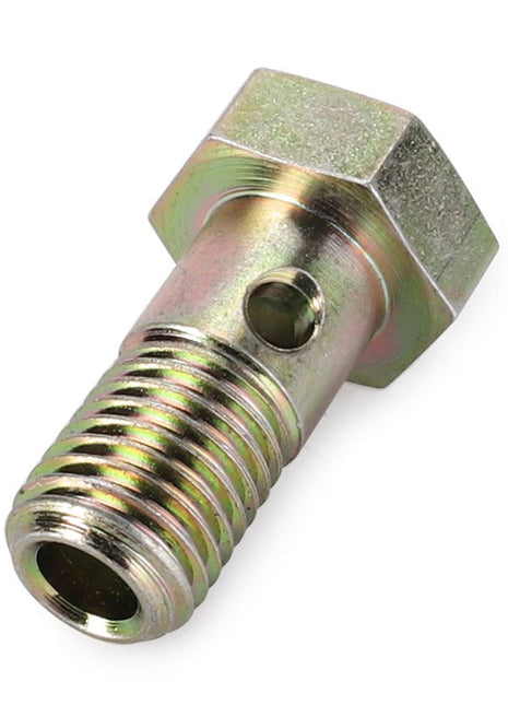 Close-up of the AGCO Banjo Bolt (Model: F395200710130) made of metal, showcasing its threading and a hole in the shaft. The bolt appears to be made of steel or similar material. Note: Additional product description unavailable for further details.