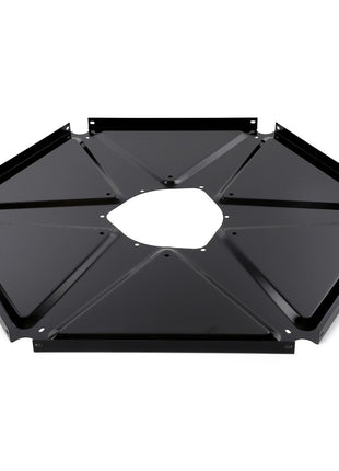 AGCO's PLATE - D28680276 is a hexagonal black metal component with a central void and flanged edges, featuring several strategically positioned mounting holes.