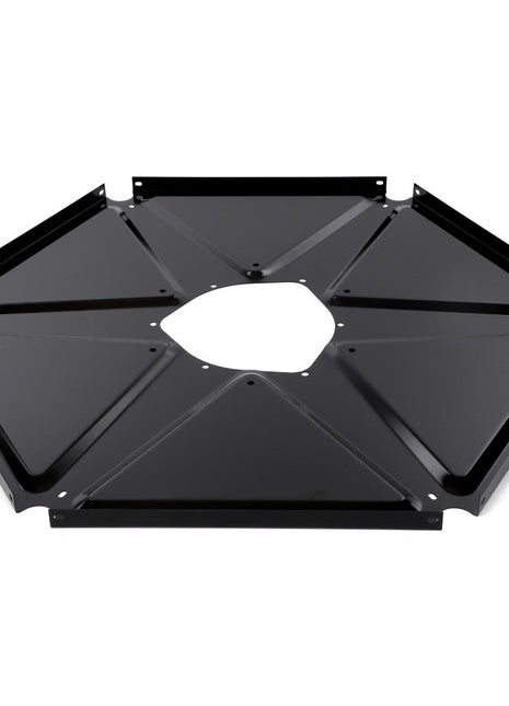 AGCO's PLATE - D28680276 is a hexagonal black metal component with a central void and flanged edges, featuring several strategically positioned mounting holes.