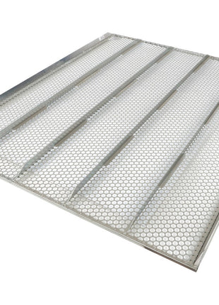 There is no current product description available for the AGCO | Sieve - La320960750, a rectangular galvanized steel grating with perforated holes and raised ribs.