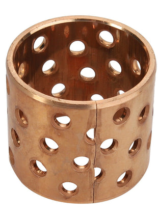 The AGCO | BUSH - AL732516, a cylindrical copper bushing by AGCO, features multiple circular holes and a split down one side. No further product description information is available at this time.