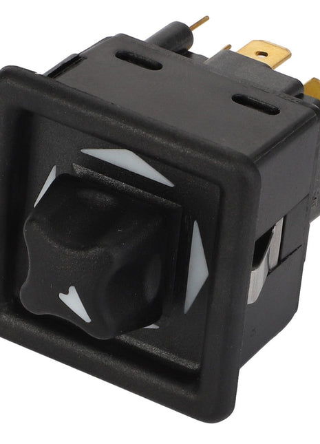 The AGCO SWITCH - D44900761 is a black rocker switch with white arrows indicating up and down directions and features brass prongs for electrical connections. 