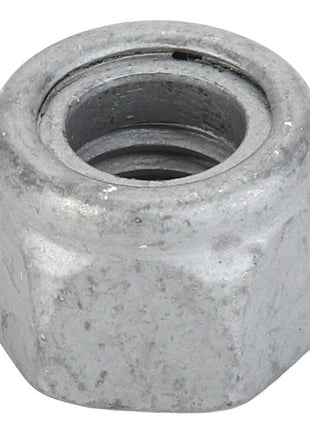 A close-up image of the AGCO | Hex Top Lock Nut - Acw1514890, featuring a threaded interior and an eight-sided exterior, commonly used for securing bolts in mechanical assemblies. No current product description information is available for further details.