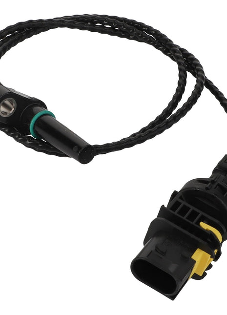 The AGCO | Engine Speed Sensor - F530200090790 is a high-quality black automotive connector featuring a twisted cable and an attached sensor, specifically designed for electronic systems in vehicles. Further product details are currently unavailable.