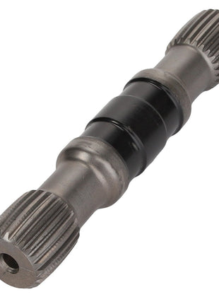 The AGCO | SHAFT - ATV1402-233, a metallic component with ridged ends and a smooth central section, is specifically designed for mechanical use.