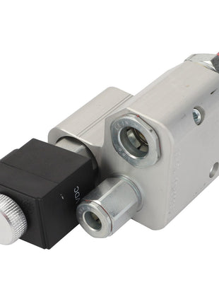 The AGCO | VALVE - AL10550455 is a metal hydraulic valve that includes black and silver components on one side, featuring several ports and connectors. No current product description information is available.