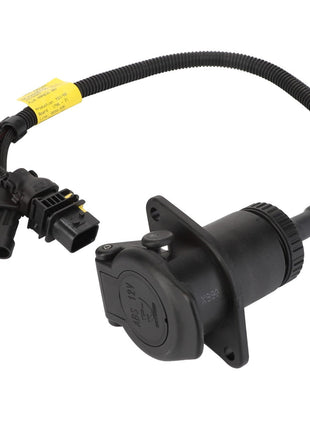 Close-up of the AGCO |  - ACX2896130 black electrical connector with an attached cable and 12V plug, featuring labels on the wires. No relevant SEO keywords can be identified from the provided product description.