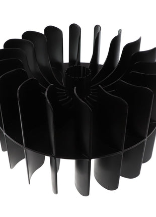 The AGCO | Fan Rotor - Acx0039800, a black plastic cylindrical object with multiple vertical fins evenly spaced around its surface, provides efficient heat dissipation.