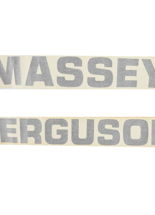 Image displays two rectangular decals by AGCO in gray uppercase block letters. The top decal reads "MASSEY" and the bottom decal reads "FERGUSON." Product name: AGCO | DECAL - D49127700.