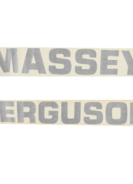 Image displays two rectangular decals by AGCO in gray uppercase block letters. The top decal reads "MASSEY" and the bottom decal reads "FERGUSON." Product name: AGCO | DECAL - D49127700.