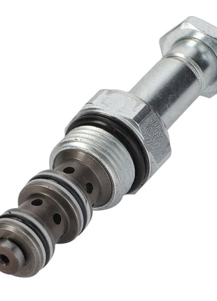 Close-up of the AGCO Solenoid Valve - F210871140010, a cylindrical metal hydraulic valve featuring multiple o-rings, threads, and hexagonal fittings on both ends, showcasing peak performance crafted from high-quality materials.