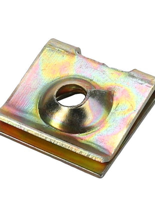 The AGCO | CLIP - D43429600 is a square metal clip featuring a hole in the center, characterized by an iridescent finish. Brand: AGCO. No current product description information is available.