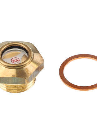 AGCO's Plug - Acp0360840 featuring a brass hexagon nut with a transparent window on the left, complemented by a sleek copper washer on the right, all set against a pristine white background.