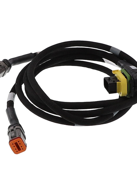 The AGCO Rotor Performance Wire Harness - Acx2458320, featuring multiple connectors and meticulously encased in black protective tubing, is set against a pristine white background.