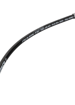 The AGCO | Hydr. Hose - Acw2916150 is a black hydraulic hose with metal fittings on both ends. The text on the hose includes specifications and indicates it is made in Italy. Unfortunately, no current product description information is available.