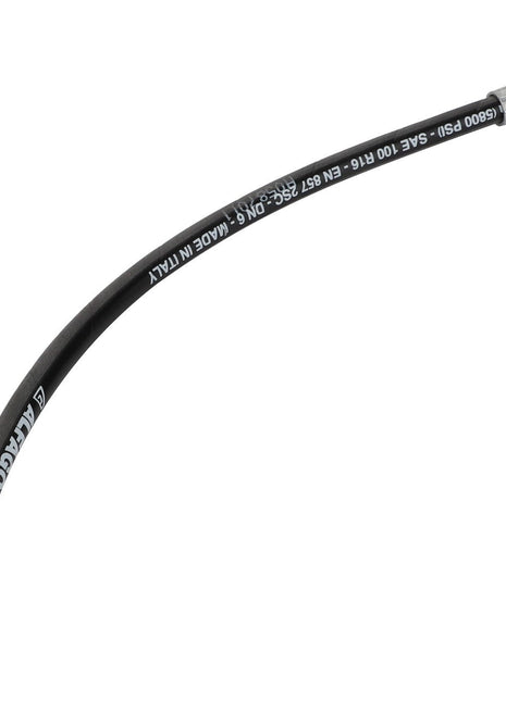 The AGCO | Hydr. Hose - Acw2916150 is a black hydraulic hose with metal fittings on both ends. The text on the hose includes specifications and indicates it is made in Italy. Unfortunately, no current product description information is available.