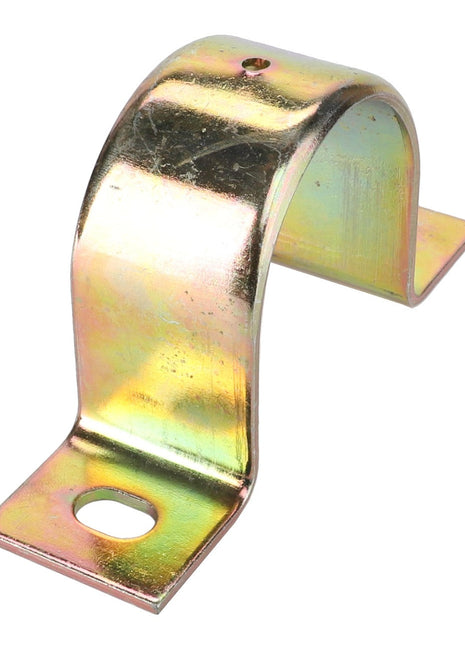 The AGCO Bearing Holder, Straw Walker Camshaft - D28480787, a metal saddle clamp with a mounting hole at each end designed for securing pipes or cables to surfaces, helps ensure maximum uptime.