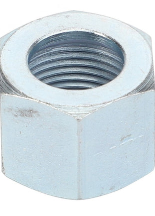 A close-up photo of the AGCO | Nut - 375782X1, a silver hex nut with internal threading, showcased against a plain white background, evokes the precision and durability typical of Massey Ferguson models.