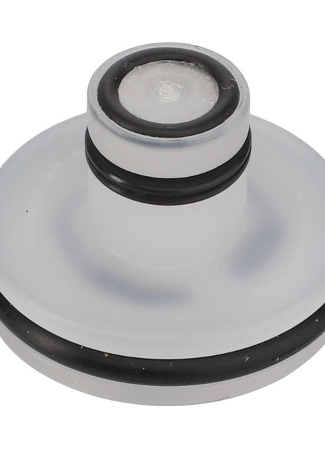 The AGCO PISTON - AG639333 is a cylindrical, translucent plastic component with a raised center and black rubber rings, offering a distinctive design feature. However, there is no current product description information available for this item.