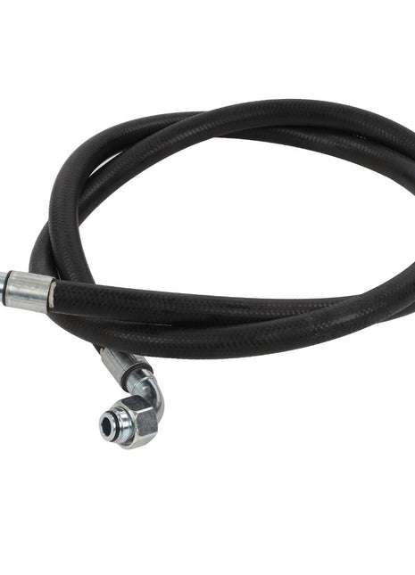 The AGCO HYDR. HOSE - D45130031 is a durable, coiled black hydraulic hose featuring sturdy metal fittings securely attached at both ends.