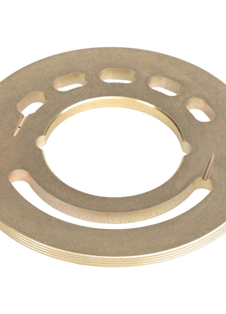 Product Description: The AGCO Distributor Plate - F514940010040 is a flat, circular, metallic component featuring various cutouts and a large central hole. It serves a function similar to that of a gear or spacer.