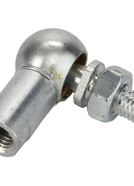 No current product description available for the AGCO Rod End - La301614600 metal rod end bearing with a spherical ball joint and bolt.