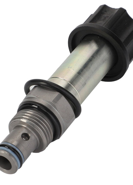 The AGCO | VALVE - F737960020010 is a metal cylindrical hydraulic valve featuring a black knob on one end and an O-ring situated towards the middle. Currently, there is no additional product description information available.