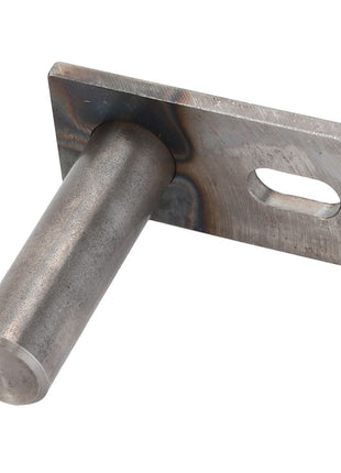 A cylindrical metal rod, part of the AGCO CLEVIS PIN - D26733961 product by AGCO, is vertically welded to a rectangular metal plate with an oval hole; currently, no detailed product description information is available.