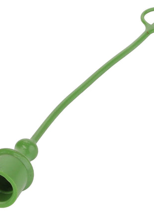 The AGCO | Cap - Acp0402050, a green rubber cap by AGCO, features an elongated flexible strap with a circular loop at the end, making it perfect for attaching to various items.