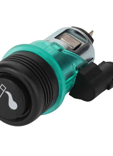 Introducing the AGCO Lighter - Acp0324340, a green and black push-button switch featuring a power symbol on the button and electrical connectors on the back. Expertly crafted by AGCO, this high-quality switch is ideal for seamlessly meeting your electrical needs while enhancing your SEO.