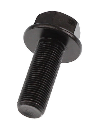 Close-up view of the AGCO | HEXAGON FLANGE BOLT - AG517556, featuring a black hex bolt with a flanged head and threaded shaft, positioned against a white background. This product description highlights the meticulous design that ensures reliability in current industrial applications.