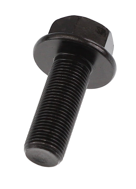 Close-up view of the AGCO | HEXAGON FLANGE BOLT - AG517556, featuring a black hex bolt with a flanged head and threaded shaft, positioned against a white background. This product description highlights the meticulous design that ensures reliability in current industrial applications.