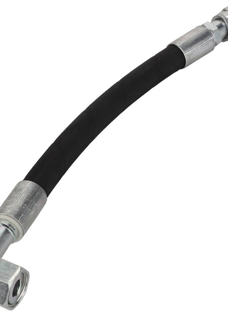 Introducing the AGCO Hydraulic Hose - Acw1823720, a flexible black hose featuring metal fittings on both ends, including one straight fitting and one bent at a 90-degree angle.