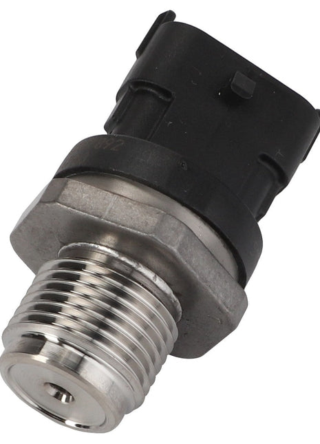 The AGCO Fuel Pressure Sensor - Acp0584690, featuring a threaded end and black connector, combines metal and plastic in its robust design to ensure reliability.