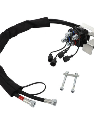 The AGCO | Kit, Service - Acp0297040, featuring an automotive wiring harness assembly with connectors, is mounted on a bracket and comes with two strategically placed metal bolts.