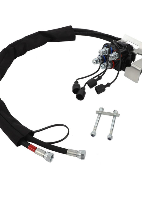 The AGCO | Kit, Service - Acp0297040, featuring an automotive wiring harness assembly with connectors, is mounted on a bracket and comes with two strategically placed metal bolts.