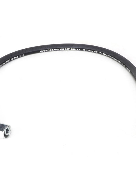 The AGCO | Hydr. Hose - Acw0189250 is a sturdy, black flexible hose featuring metal fittings on both ends, clearly labeled with specifications along its length.