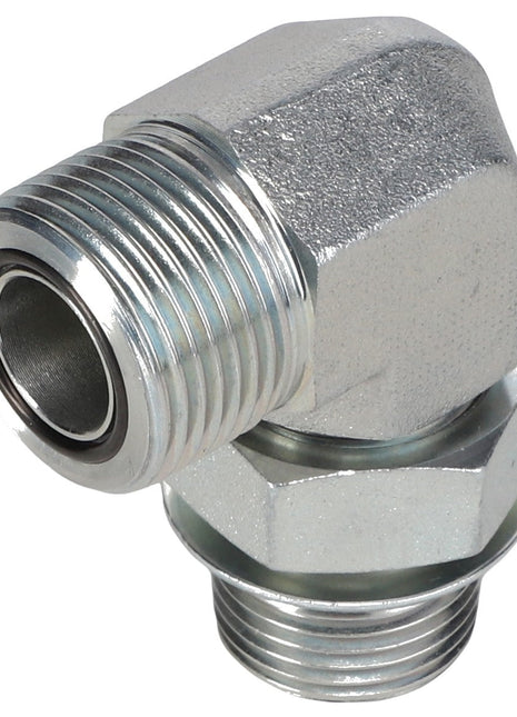 Image of the AGCO | ELBOW FITTING - CH148-8347, a metal elbow pipe fitting with threaded ends designed for connecting pipes at a 90-degree angle. This male O-ring 90° fitting ensures a secure and leak-proof connection from the trusted brand AGCO.